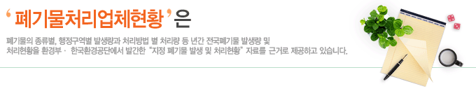 폐기물처리업체현황_폐기물의 종류별, 행정구역별 발생량과 처리방법별 처리량 등 년간 전국폐기물 발생량 및 처리현황을 환경부, 한국환경공단에서 발간한 지정폐기물발생및처리현황 자료를 근거로 제공하고 있습니다.